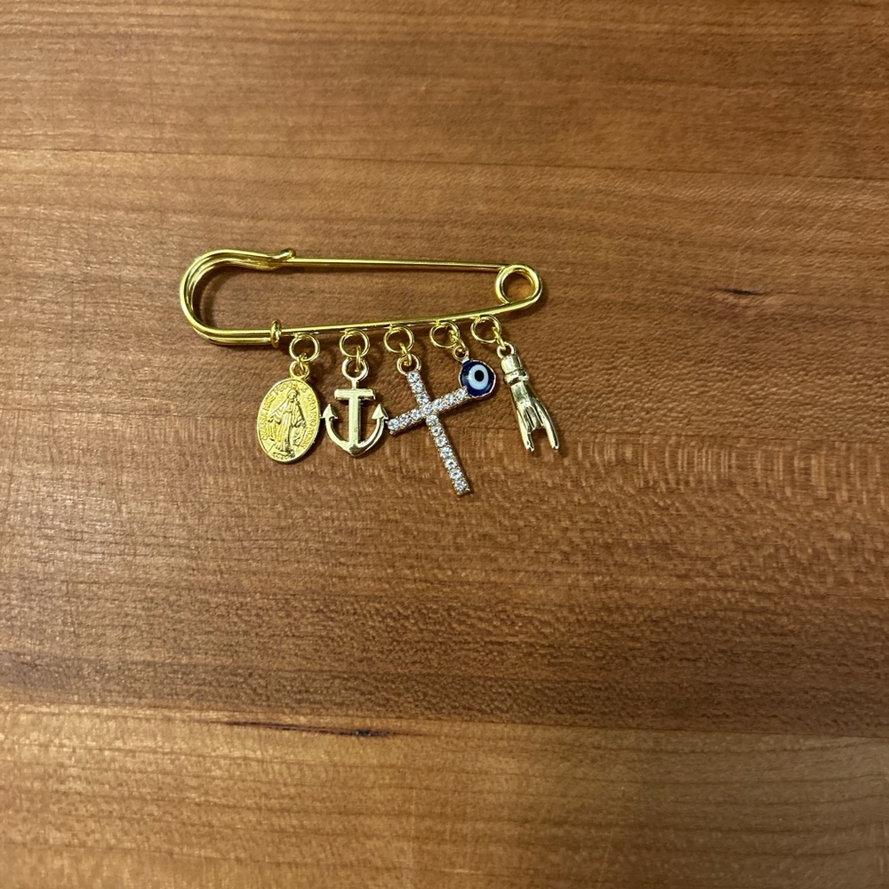 Gold Charm Safety Pin Brooch
